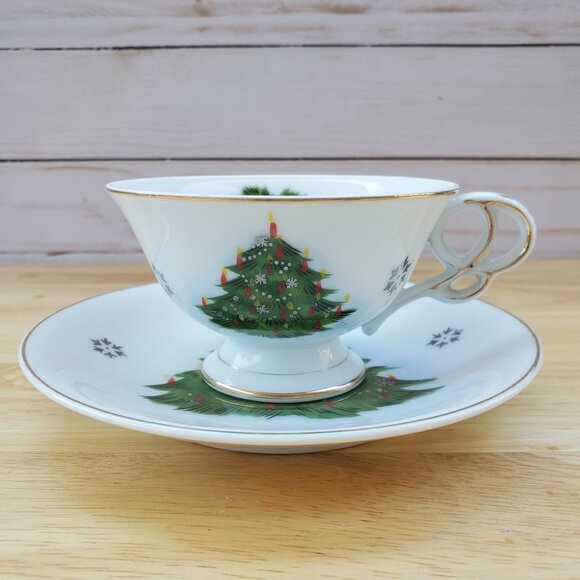 VTG Norcrest Japan Christmas Tree Tea Cup & Saucer Set Porcelain Holiday Decor - Picture 1 of 14
